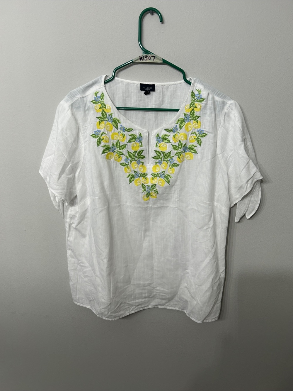 Talbots White Linen-Blend Top with Yellow Lemon Embroidery Size 1XP